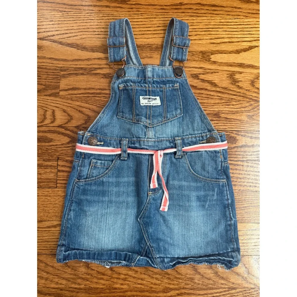 OshKosh Bgosh Girls Denim Overall Jumper Dress Medium Wash Blue 3T Ribbon Belt